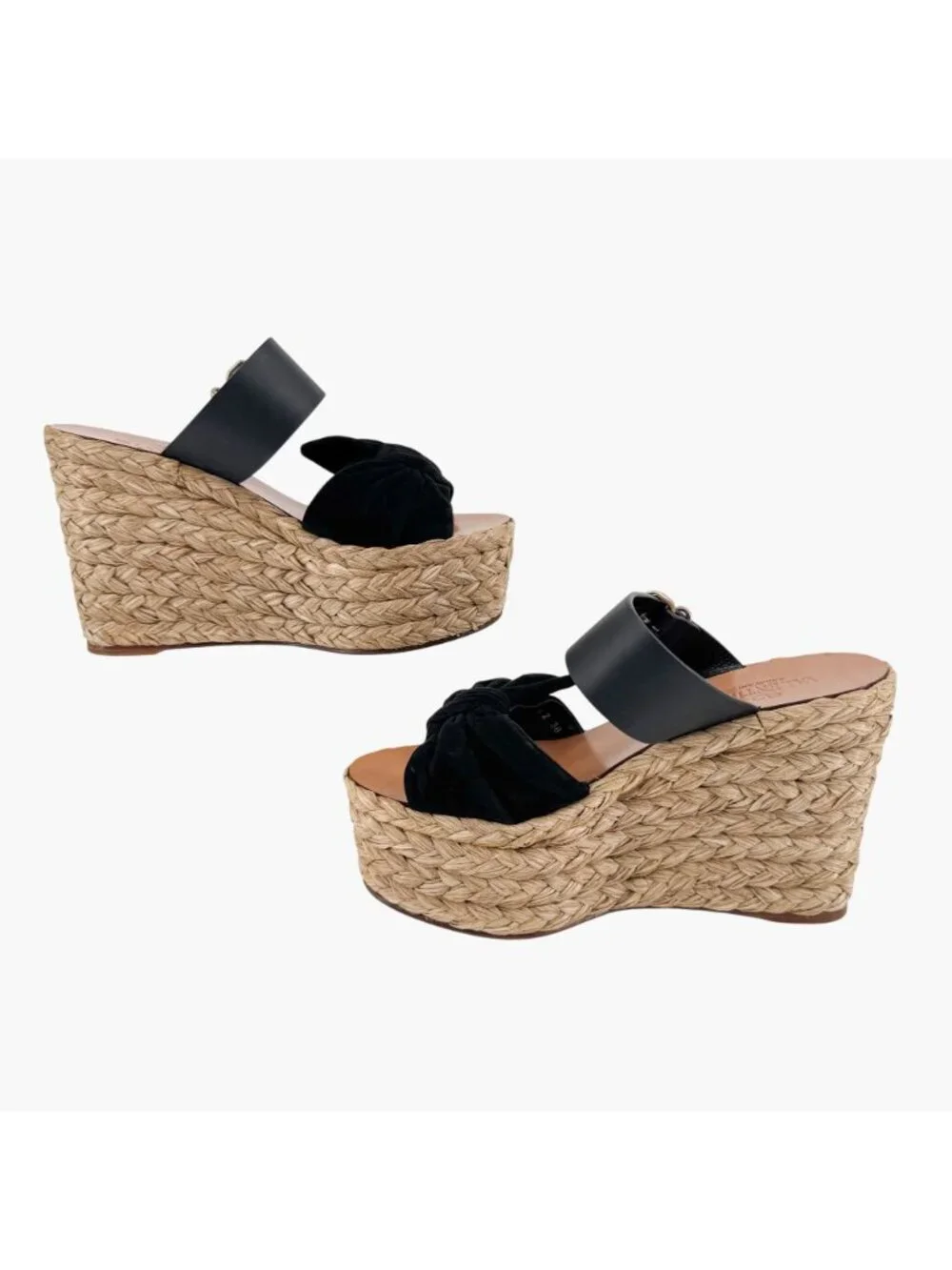 Valentino Black Suede Bow Braided Raffia Espadrille Wedge Sandals Size 38 US 8